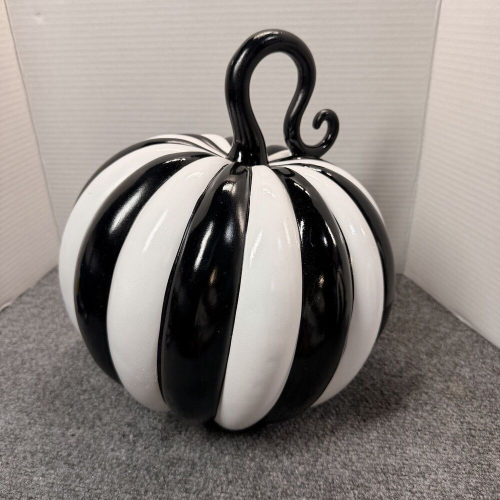 Black White Striped Pumpkin Large Decor 12" Halloween Thanksgiving Rich